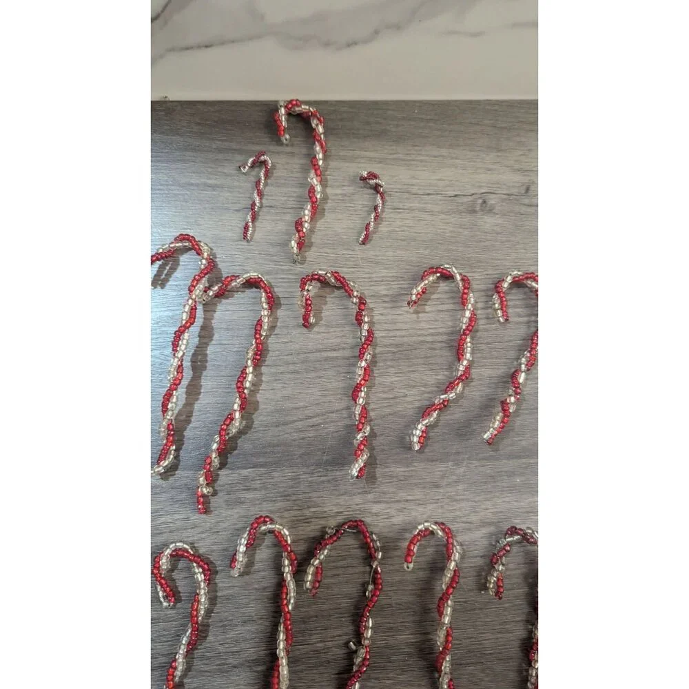 vintage Red & Clear Beaded Candy Cane Christmas Ornaments Set Of 20 Handcrafted‎